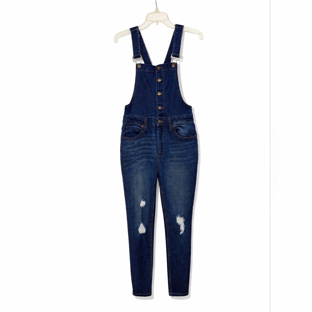 No Boundaries Dark Blue Women Jeans Denim Distressed Overalls Size M (7-9)